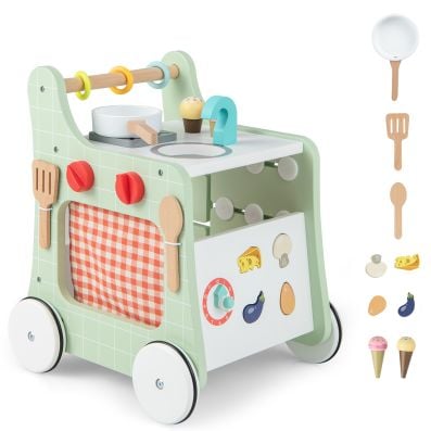 Wooden baby stroller activity center in green with kitchen accessories, ideal for role play and motor skill development.