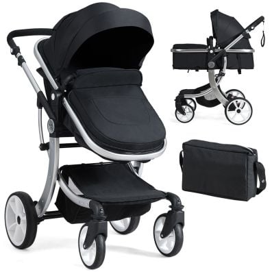 2-in-1 foldable baby stroller in black with adjustable backrest, rain cover, and storage basket for infants up to 3.