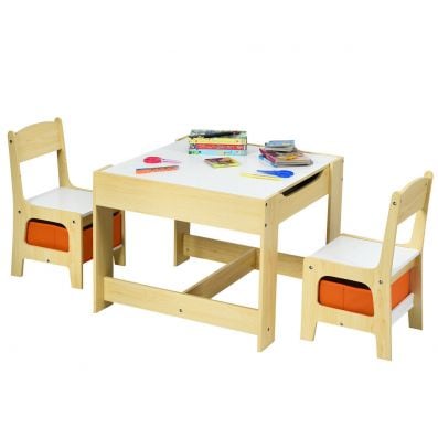 Children's table and chair set in beige with storage boxes, featuring a double-sided tabletop for drawing and play.