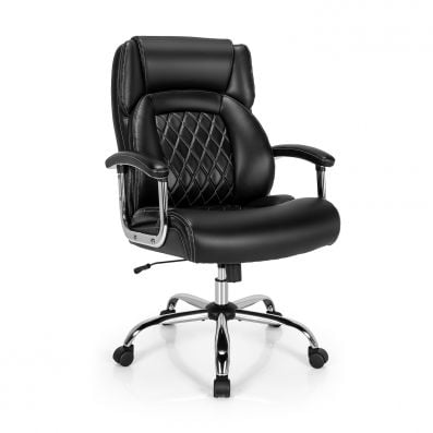 Black leather office chair featuring a sleek design, 360° swivel seat, and rocking backrest for enhanced relaxation.