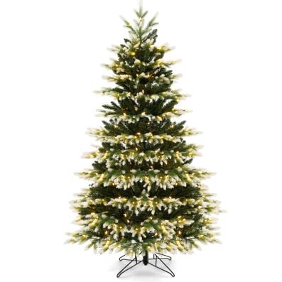 180 cm artificial hinged Xmas tree with 350 LED lights, featuring lush green to snowy white branches for festive decor.