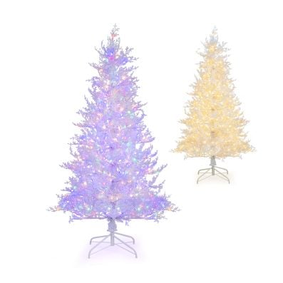 180cm snow-flocked Christmas tree with 300 LED lights, featuring a hinged design for easy setup and a festive winter.