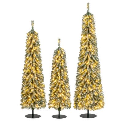 Set of 3 artificial Christmas trees (4/5/6FT) with realistic snow, pre-lit with warm white LED lights for festive decor.