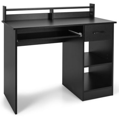 Black wooden computer desk with pull-out keyboard tray, adjustable shelf, and spacious 105 x 55 cm workspace for.
