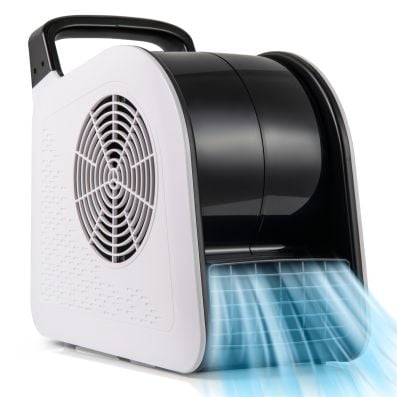 Air mover carpet dryer with 3 speeds, 185° pivoting head, and AC outlet for versatile drying and cooling.