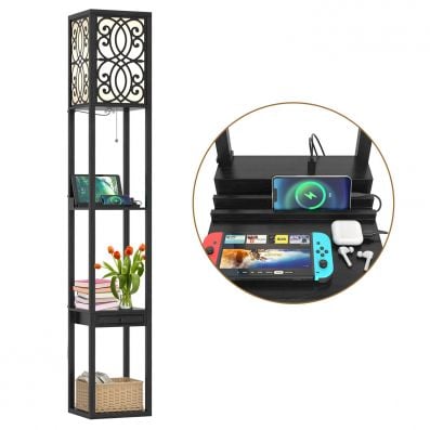 Free-standing floor lamp with 2 USB charging ports, 3 open shelves, and a storage drawer for versatile home.