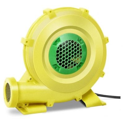Powerful 680W inflatable bouncy air blower in yellow and green, designed for fast inflation of bounce houses and slides.