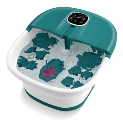 Foot spa bath massager in teal blue with remote control, featuring bubble and shiatsu massage for relaxation.