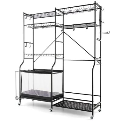 Sports equipment organizer with adjustable shelves, metal frame, and 13 hooks for efficient storage of sports gear.