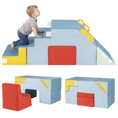 Colorful kids climbing toy set featuring soft foam blocks, slide, stairs, and convertible table and chair for playtime.
