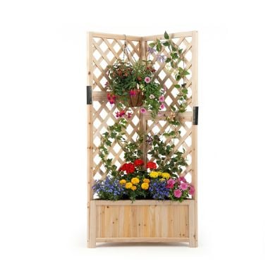 Spacious corner raised garden bed with diamond lattice trellises, made of natural fir wood, ideal for vibrant plant.