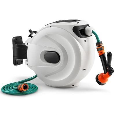 Wall-mounted retractable hose reel with 15m hose, 8-pattern nozzle, and durable construction for convenient outdoor.