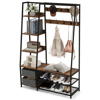 Freestanding garment coat rack with 9 hooks, 6 shelves, and shoe bench for organized storage in entryways.
