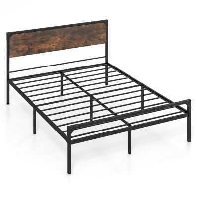 King size metal platform bed frame with rustic headboard, sturdy design, and 31cm under-bed storage space.