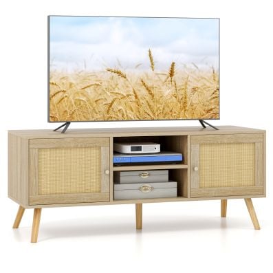 Boho PE rattan TV stand with spacious tabletop, two cabinets, and open shelves for organized media storage.