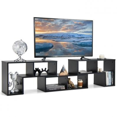 Convertible black TV stand with 3 pieces, featuring L-shaped and rectangular shelves for TVs up to 65 inches.