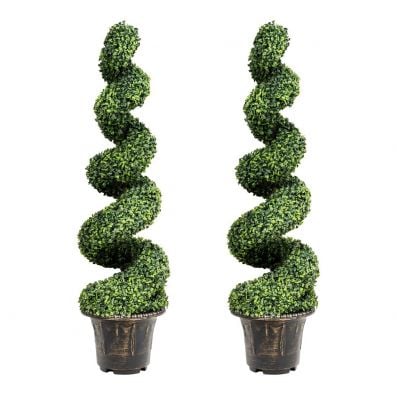 Two 120cm artificial boxwood spiral trees in decorative pots, featuring lifelike green leaves for indoor and outdoor.