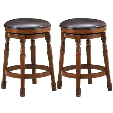 Set of two swivel bar stools with soft PU leather, 29-inch height, and sturdy rubber wood for kitchen or pub use.