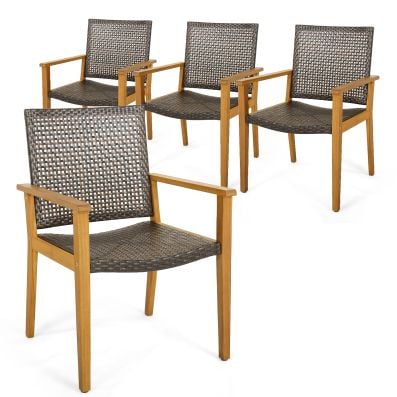 Set of four outdoor dining chairs made of acacia wood and PE wicker, featuring ergonomic armrests for comfort.