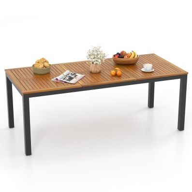 Spacious 8-person outdoor dining table made of natural acacia wood with a metal frame, featuring an umbrella hole for.