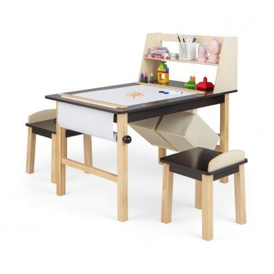 Kids art table set with two chairs, paper roll holder, and storage bins for organized play and creativity.
