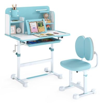 Kid's study desk and chair set in blue with adjustable height, tiltable desktop, and ergonomic design for comfort.