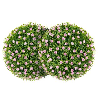 Two artificial topiary balls with pink flowers and lush green leaves, perfect for indoor or outdoor decoration.
