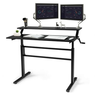 Height adjustable black standing desk with crank handle and raised shelf, ideal for home office or study use.