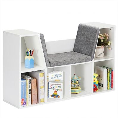 Modern storage organizer cabinet with cushioned seat, featuring six open cubicles for books and toys, in white.