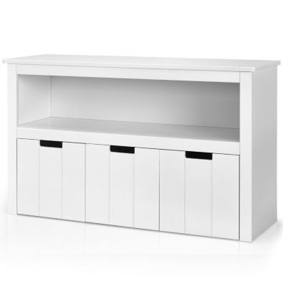 Kids storage cabinet with open shelf and three slide-out drawers, ideal for toys, clothes, or magazines in any room.