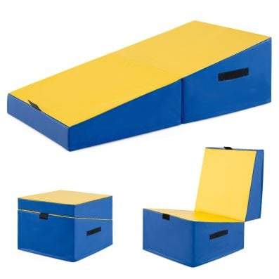 Incline gymnastics mat in yellow and blue, made of PVC leather and EPE foam, folds for versatile indoor and outdoor use.