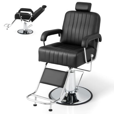 Black hydraulic barber chair with adjustable headrest, 135° reclining backrest, and height adjustment for salon use.