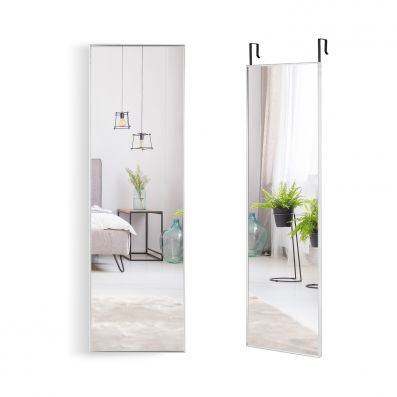 Full-length wall hanging mirror with adjustable hooks, 120 x 37 cm, silver frame, perfect for bedroom or living room.