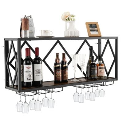 Wall mounted wine rack with industrial design, holding 39 bottles and 12 glasses, ideal for kitchens or dining rooms.