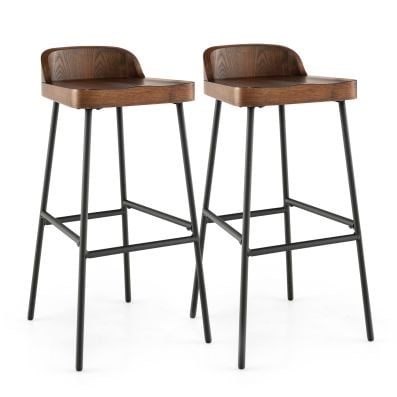 Set of 2 wooden bar stools with low back and metal legs in brown, perfect for counter or bar seating.