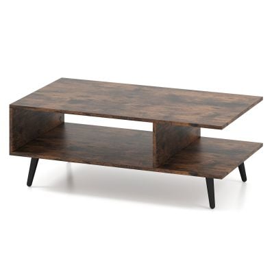 Mid-century modern coffee table in rustic brown with 2 open compartments and sturdy metal legs for stylish storage.