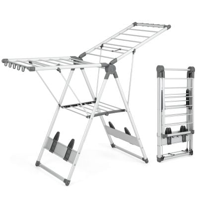 2-layer aluminum folding clothes drying rack with 21 rails, adjustable height, and space-saving design for versatile.
