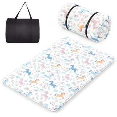 Compact double Japanese floor mattress with a rainbow design, featuring a washable cover and carry bag for easy.