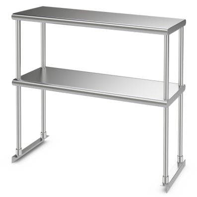 Stainless steel overshelf with adjustable lower shelf, double-tier design for versatile kitchen storage and easy.