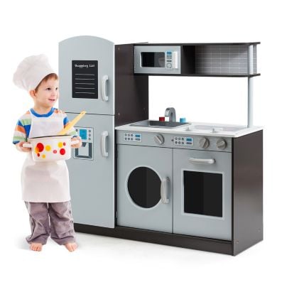 Kids kitchen set featuring a stove, sink, and oven, designed for imaginative play and ample storage for toys.