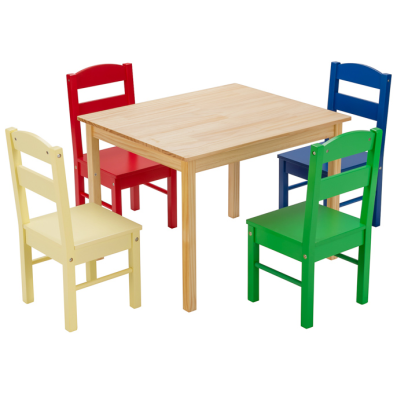 Multicolor kids table and 4 chairs set made of pine wood, perfect for dining, drawing, and outdoor play.