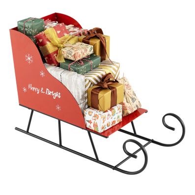 Metal Christmas Santa sleigh basket filled with wrapped gifts, perfect for festive storage and holiday decoration.