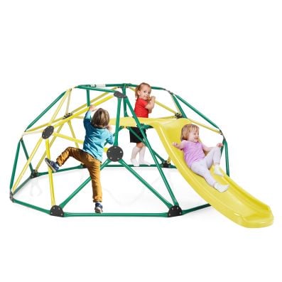 Geometric dome climber and slide for kids, green and yellow, perfect for outdoor play in backyards or parks.