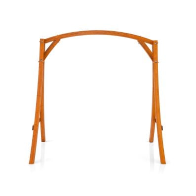 Wood swing frame with curved arc top, crafted from durable larch wood, featuring a teak finish for backyard elegance.