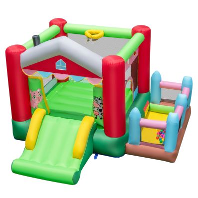 Farm-themed inflatable bounce house with slide, ball pit, and basketball hoop for kids' fun and safe playtime.