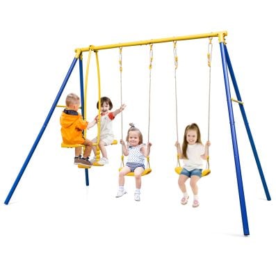 Heavy-duty kids playset with 2 swing seats and 2 glider seats, perfect for outdoor fun and social play for ages 3-12.