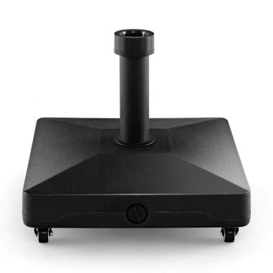Fillable umbrella base stand with lockable wheels, designed for stability and mobility in outdoor settings like patios.