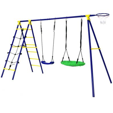Kids Swing Set with Basketball Hoop and Climbing Ladder