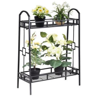 2-tier metal plant stand with heavy-duty steel frame, showcasing potted flowers, ideal for indoor or outdoor use.