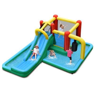 Inflatable water slide bounce house with climbing wall, splash pool, and multiple play areas for kids' summer fun.